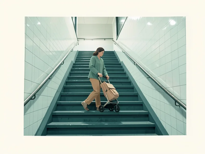 Carrying a folded stroller up subway stairs (illustration)