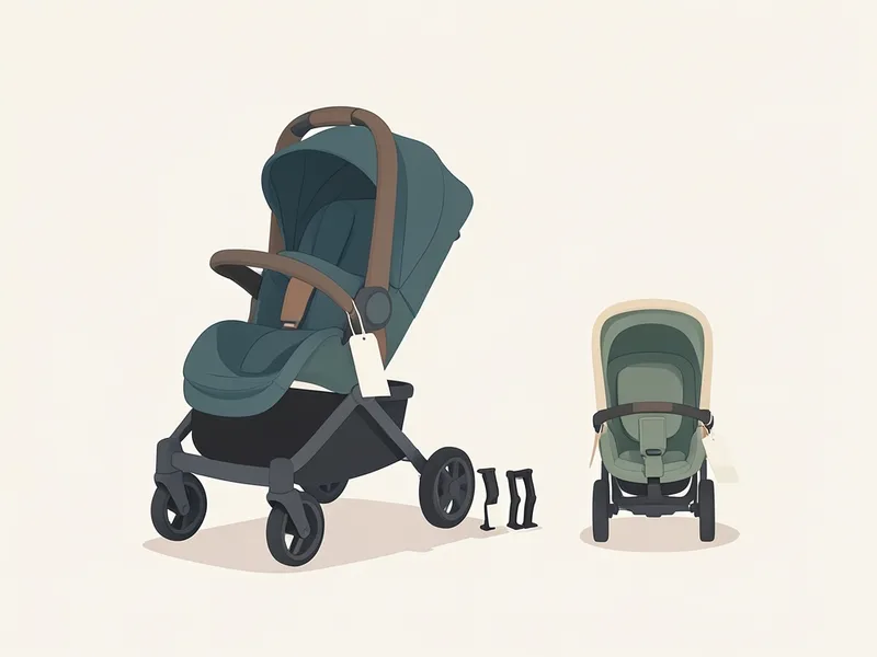 A stroller, a car seat and an adapter side by side (illustration)