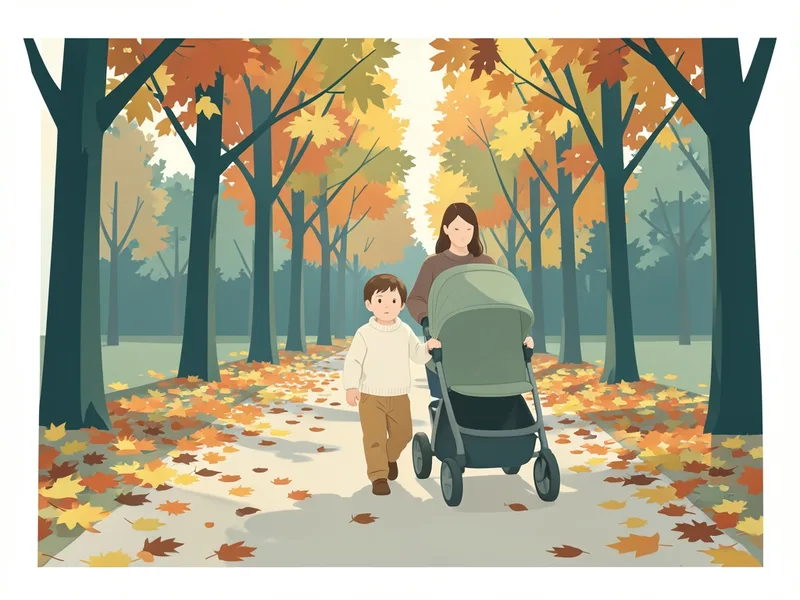 A toddler walking beside a stroller (illustration)