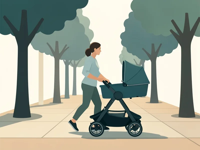 A parent walking a full-size stroller along a tree-lined street (illustration)