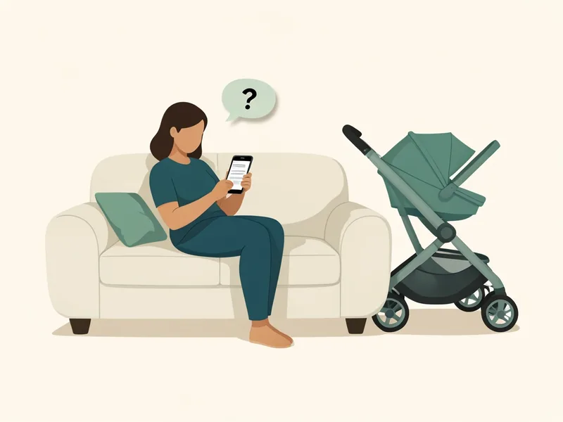 Checking a question on a phone next to a stroller (illustration)